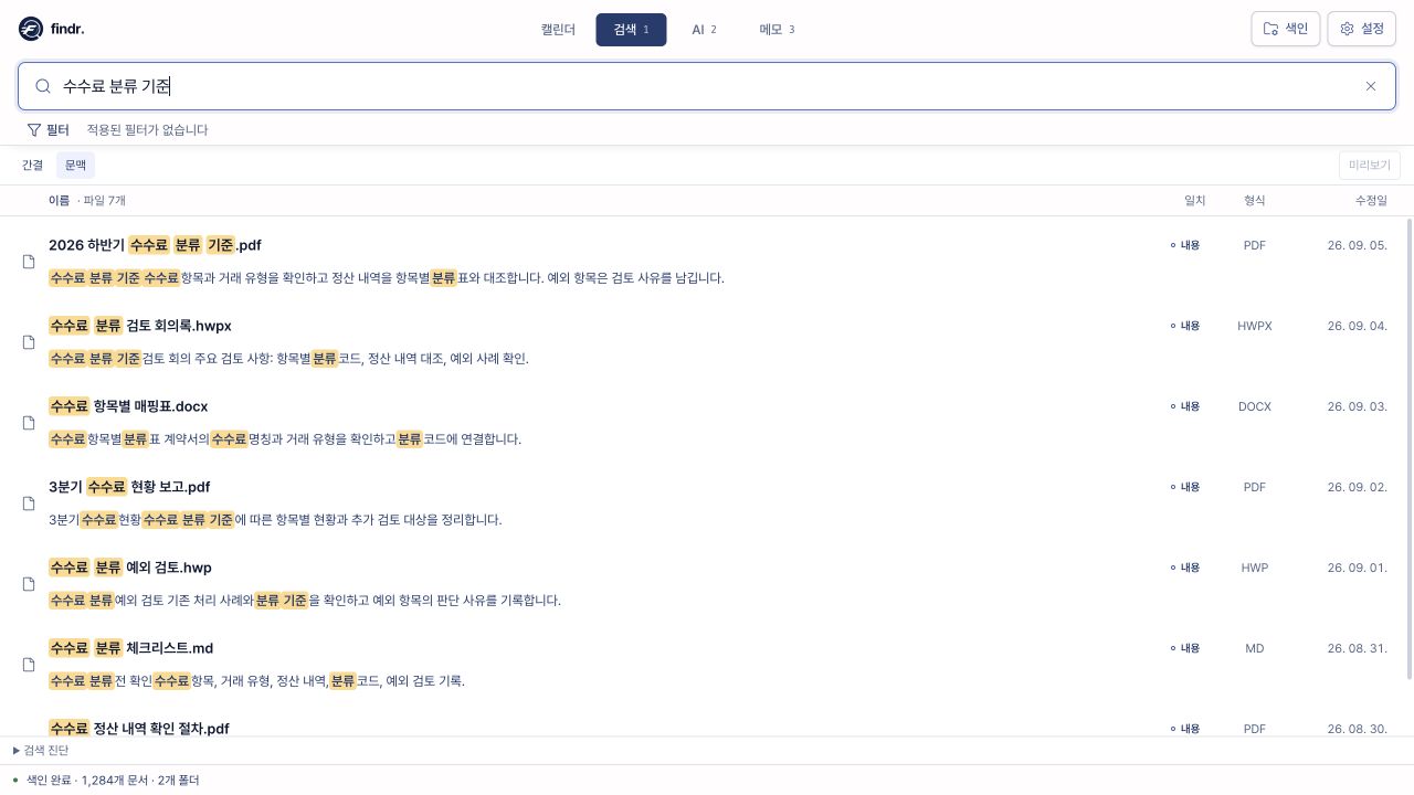 findr 라이트 모드에서 수수료 분류 기준을 검색한 결과. PDF, HWPX, DOCX 문서가 한 목록에 표시됩니다.